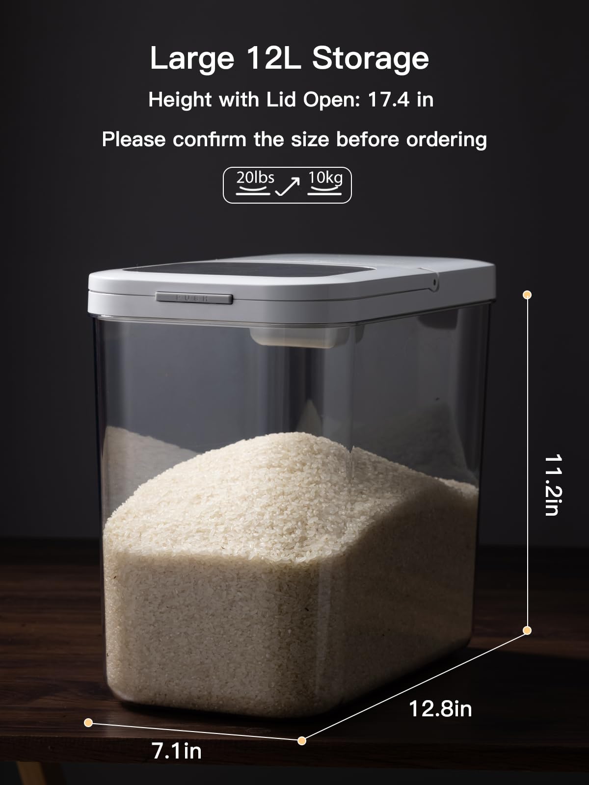 Large airtight capacity container stores rice, flour, or cereal securely.