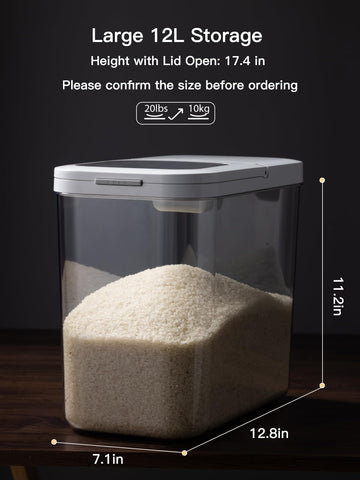 Large airtight capacity container stores rice, flour, or cereal securely.