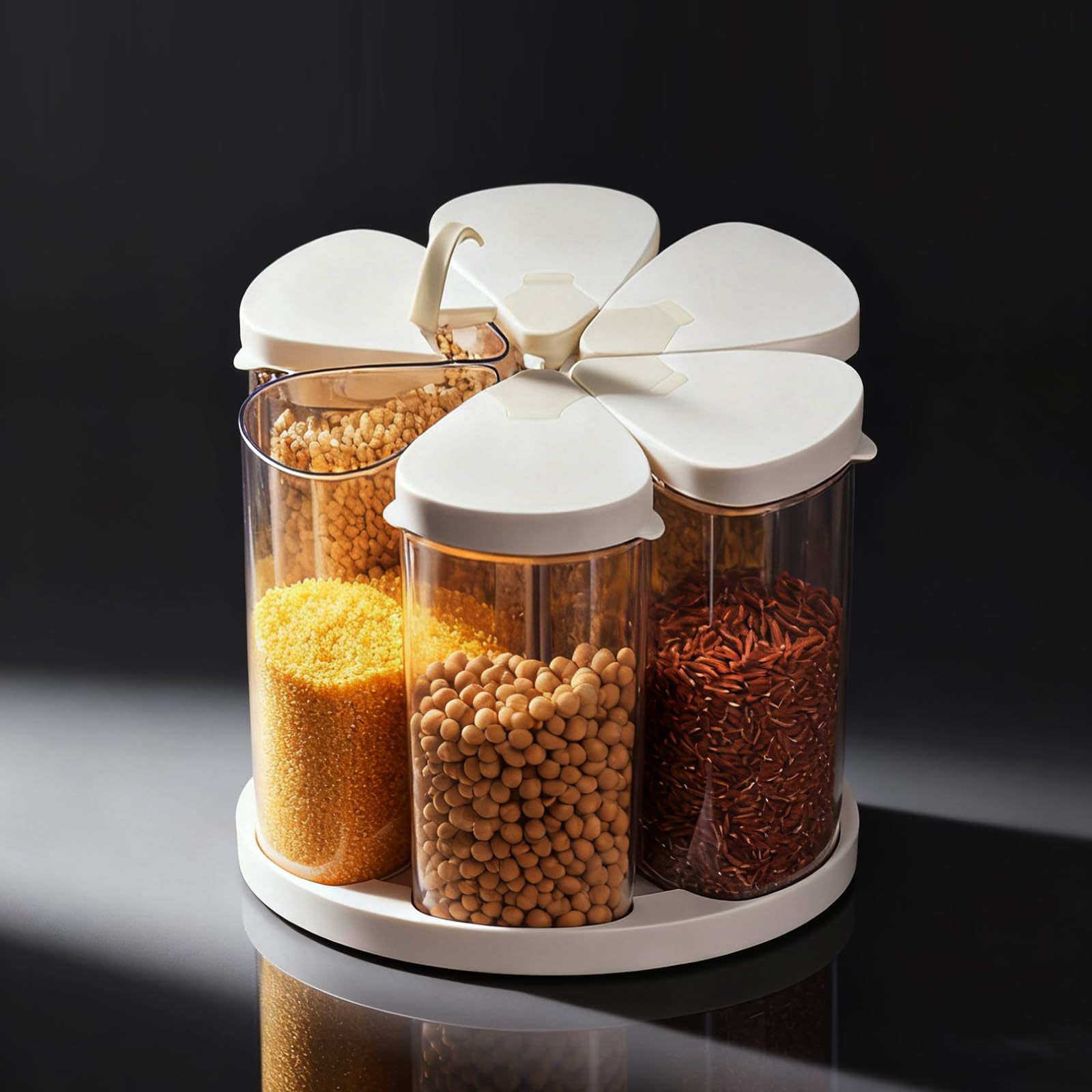 LivLab Mker rice dispenser front view keeps rice visible and organized.