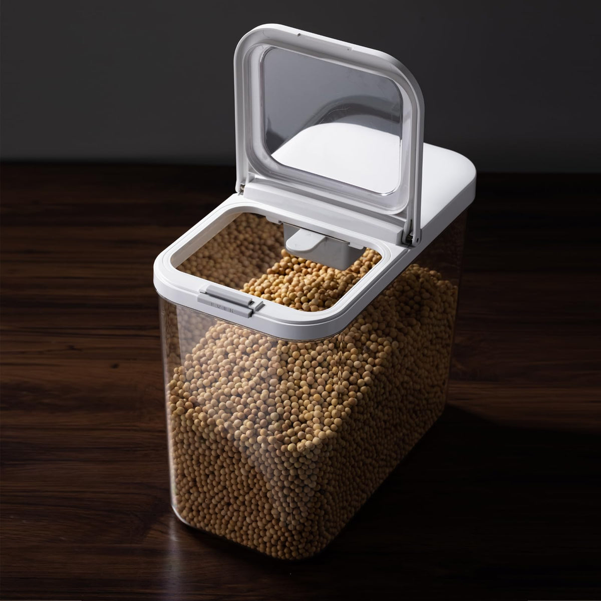 LivLab Mker rice dispenser with transparent body for easy content visibility.
