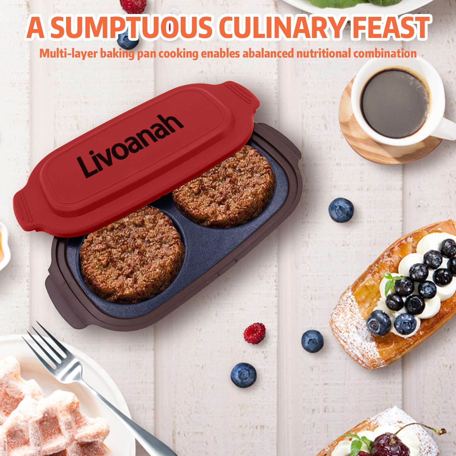 Livoanah red egg cooker multi-function design for versatile meals.