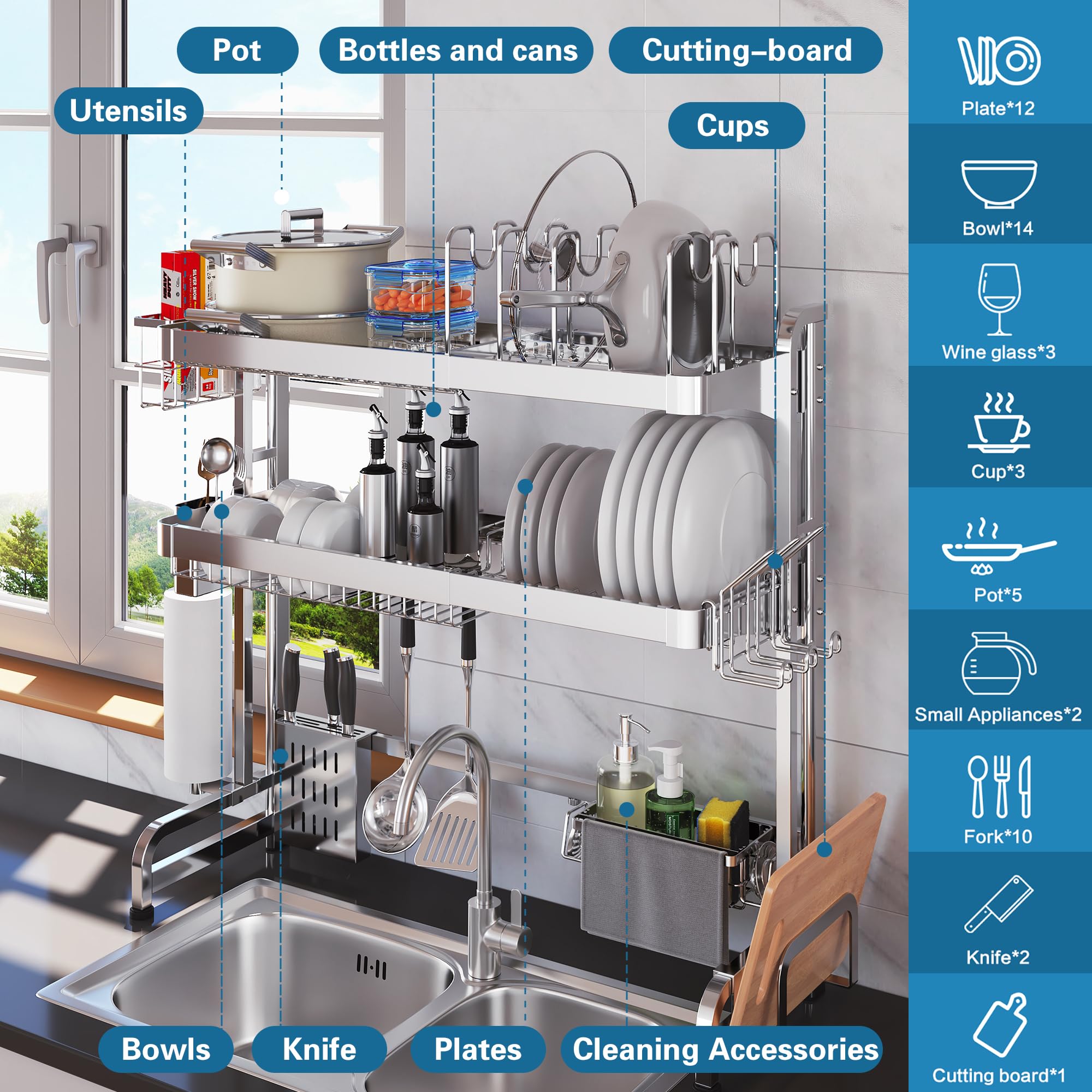 LIVOD over-sink dish rack middle layer organizes utensils and plates for fast drying.
