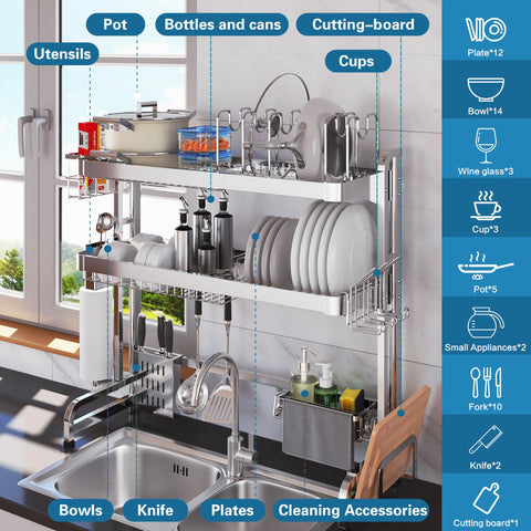 LIVOD over-sink dish rack middle layer organizes utensils and plates for fast drying.