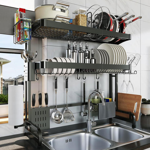 LIVOD over-the-sink rack top layer keeps pots and cups neatly organized.