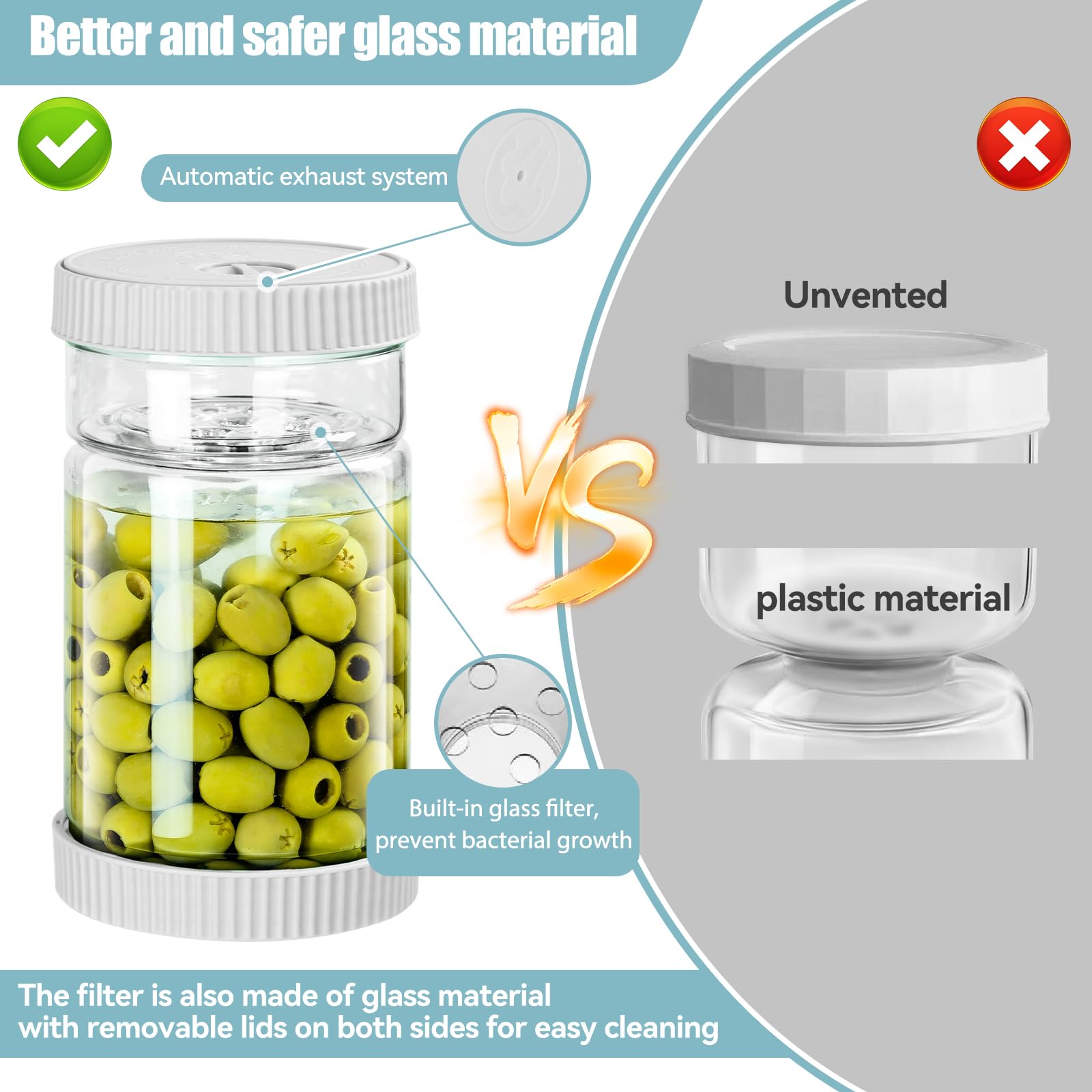 LIVSGNISTA jar with built-in filter net for easy, plastic-free filtration.