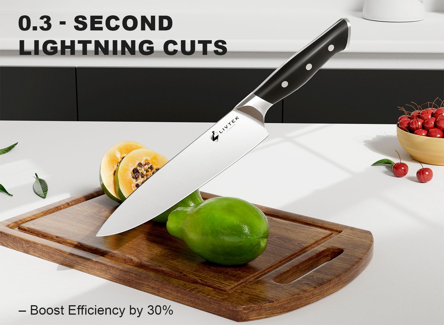 Livtek Falcon 8-inch chef knife ready for precise, fast slicing in home kitchens.
