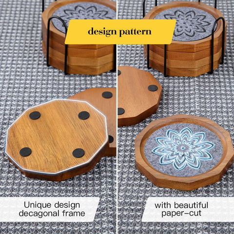 LiWiBet acacia wood coaster with grey felt absorbs spills and guards your table.