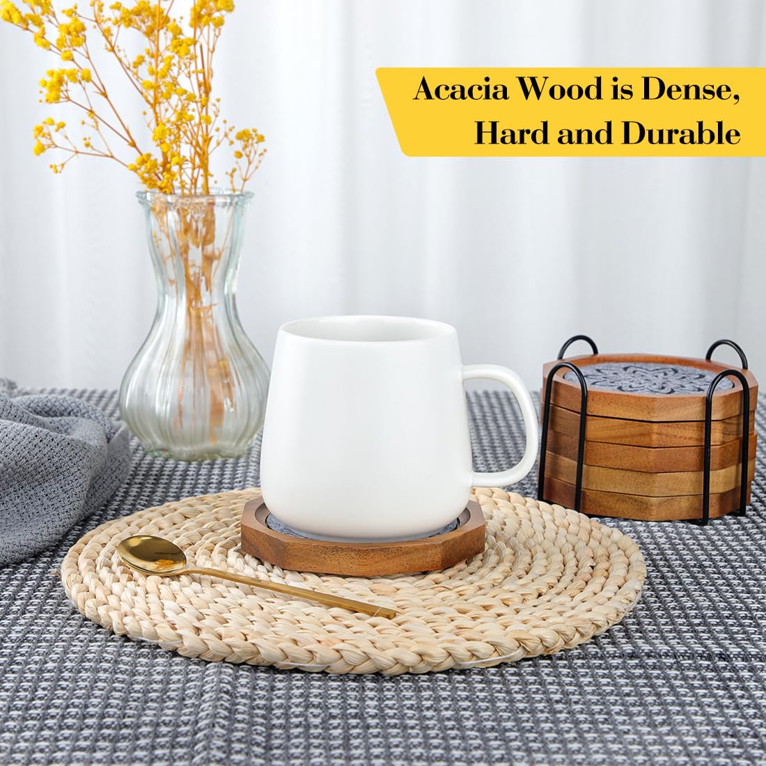 LiWiBet coaster set with iron holder keeps the dining area organized.