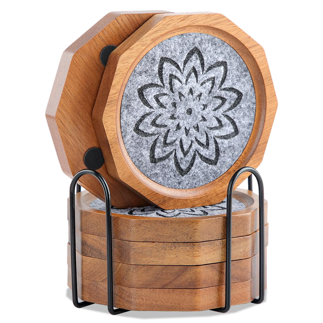 LiWiBet wood coaster close-up highlights the grey felt pattern and surface protection.