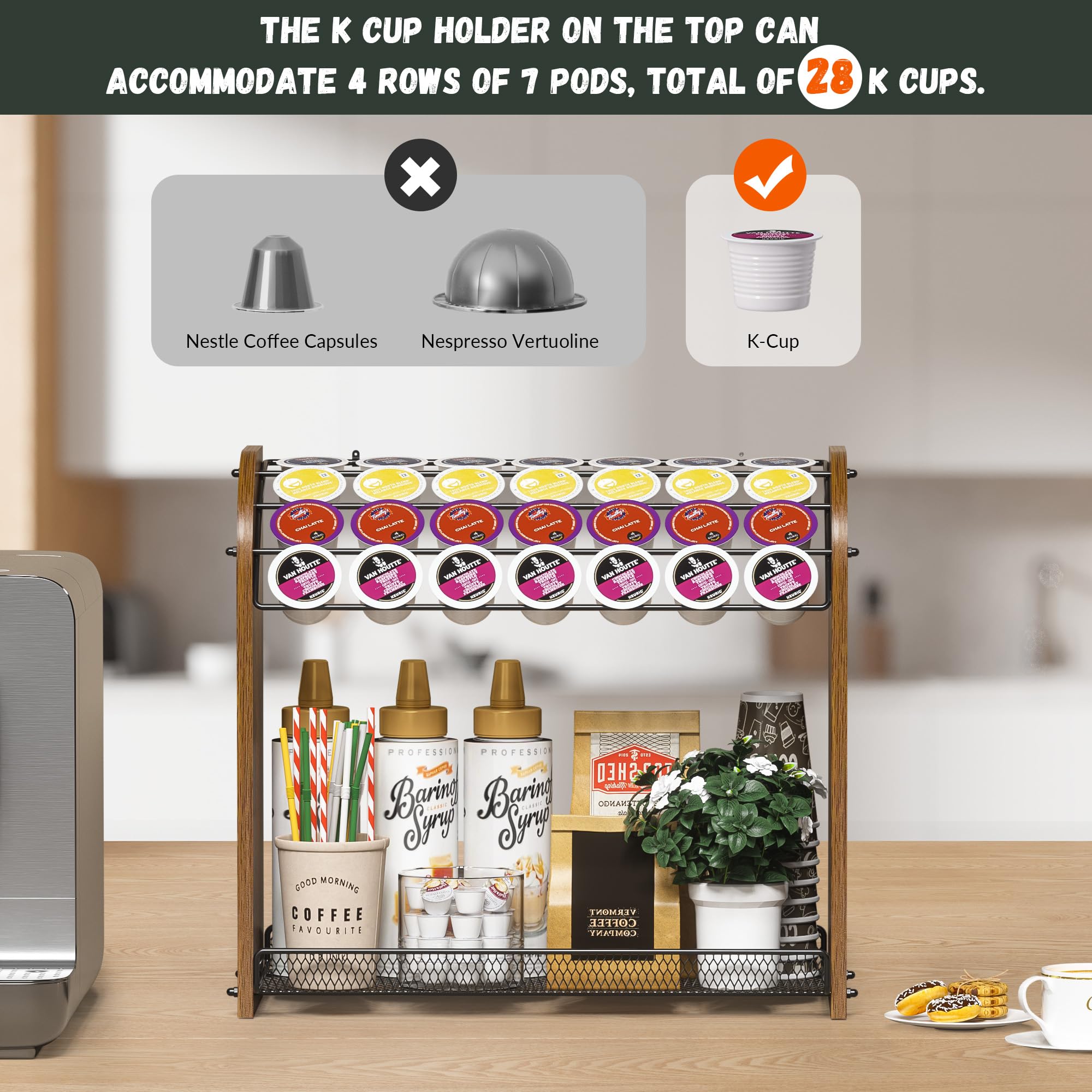 Lixple K Cup Holder bottom mesh tray stores syrups and sugar packets
