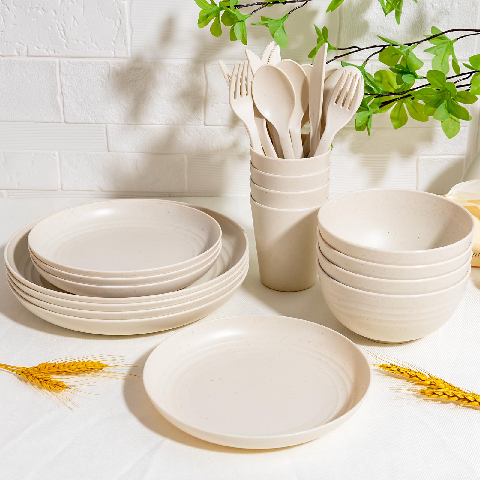 LIYH beige wheat straw dishes and cups set for casual dining