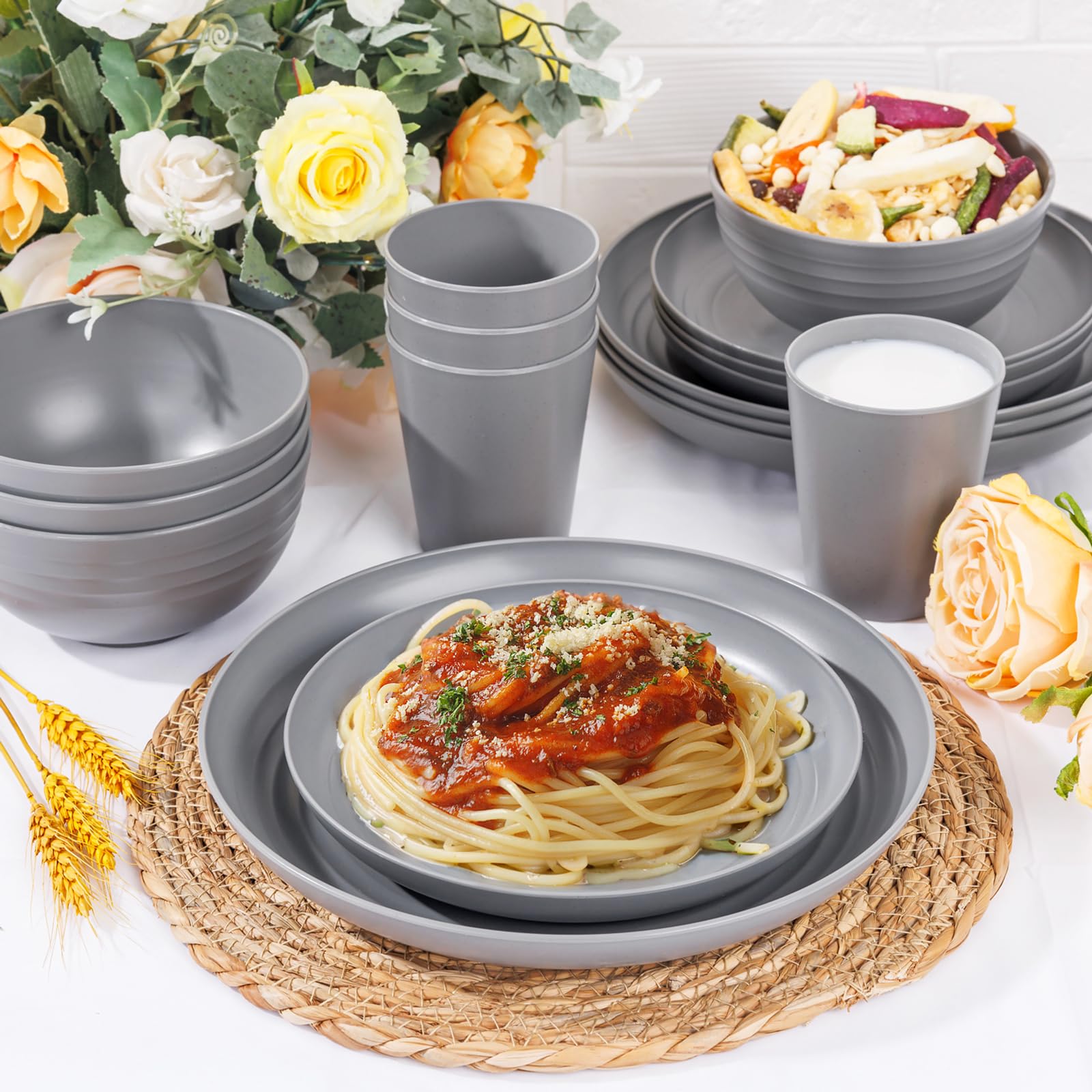 LIYH grey wheat straw dinnerware stack—space-saving storage solution.
