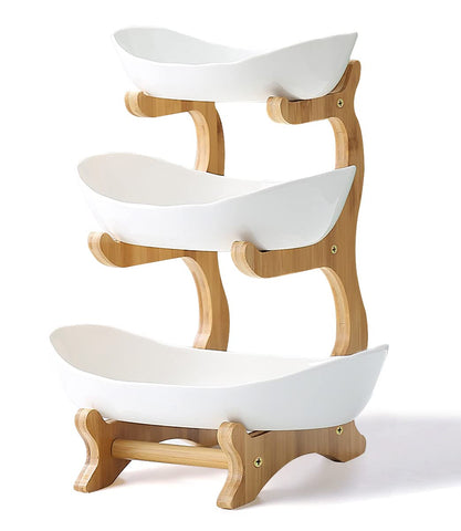 Liywall 3-tier ceramic bowl with bamboo stand on counter for organized display