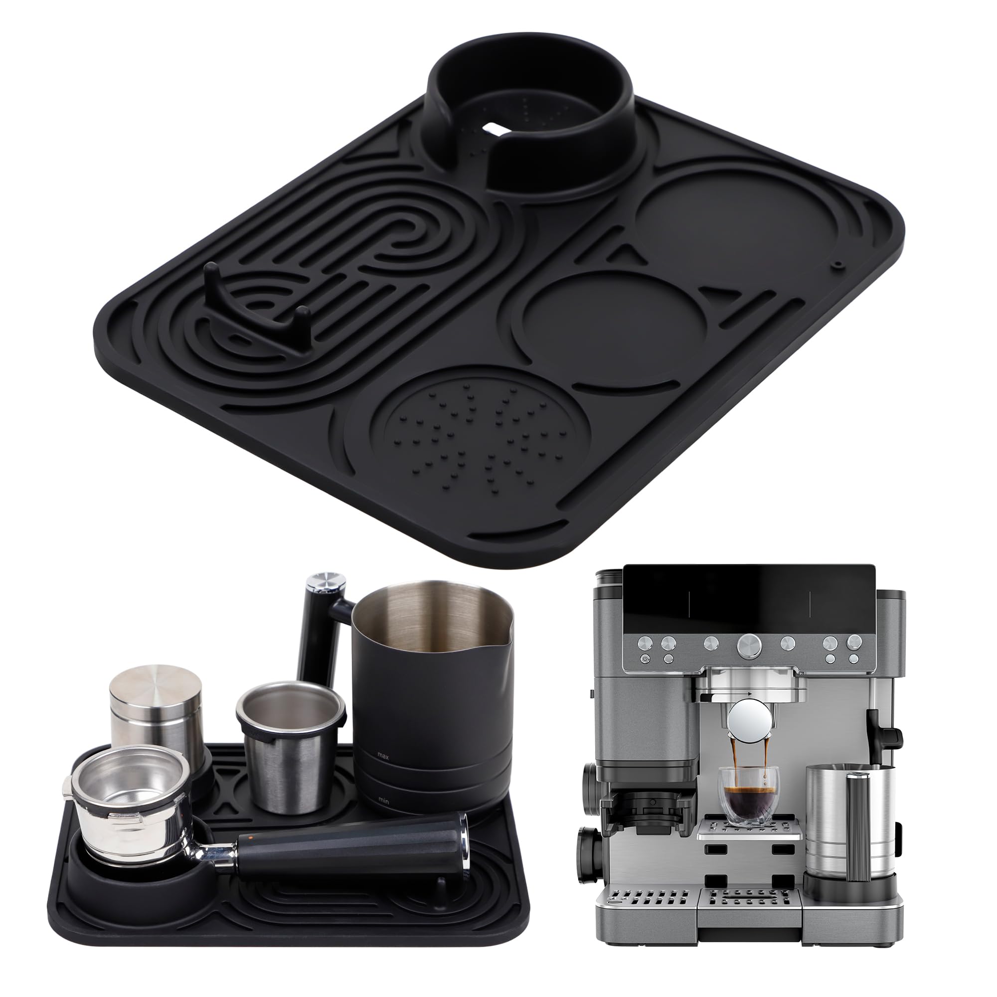 LJOWJVA silicone coffee mat with universal fit for Ninja Luxe Cafe keeps tools within reach.