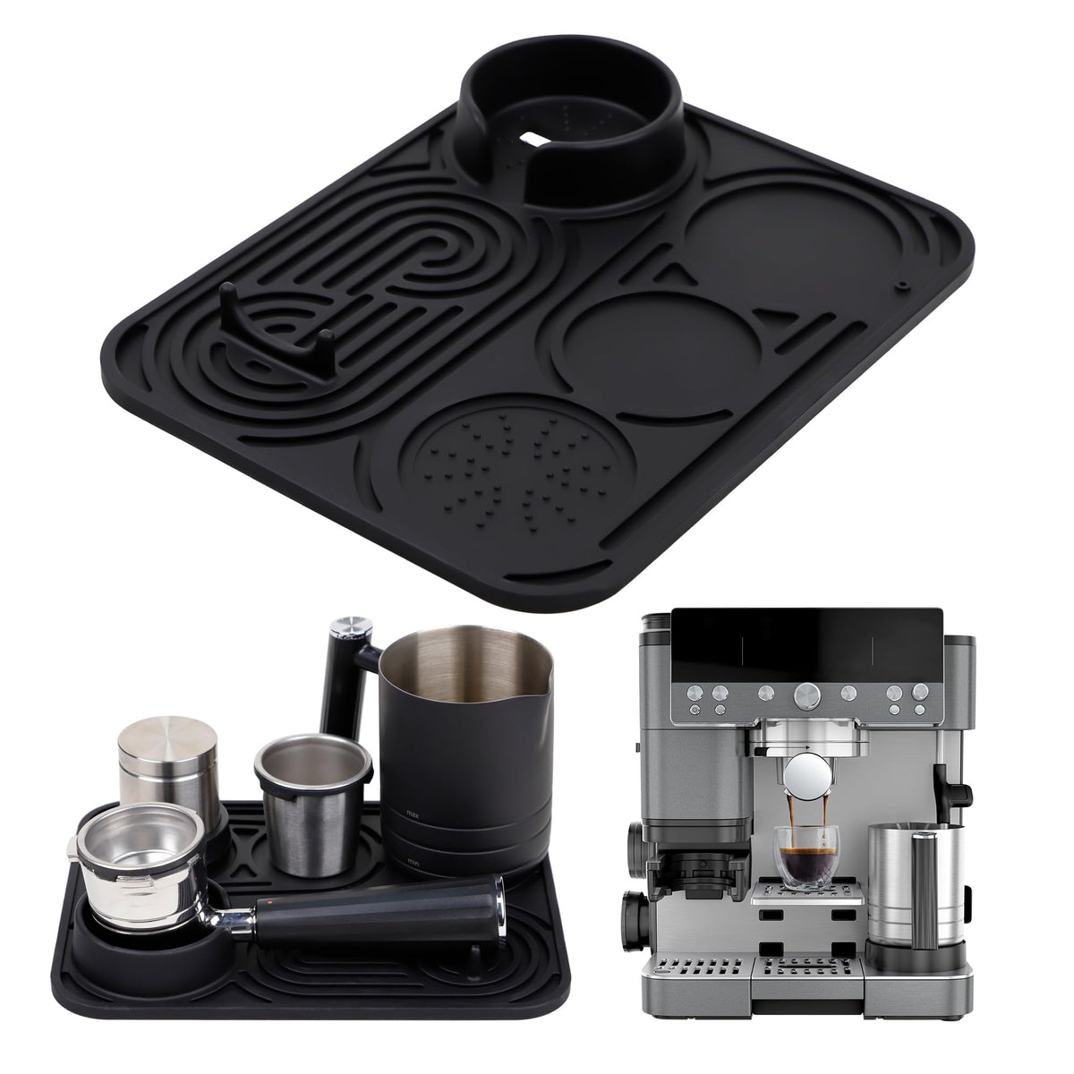 LJOWJVA silicone coffee mat with universal fit for Ninja Luxe Cafe keeps tools within reach.