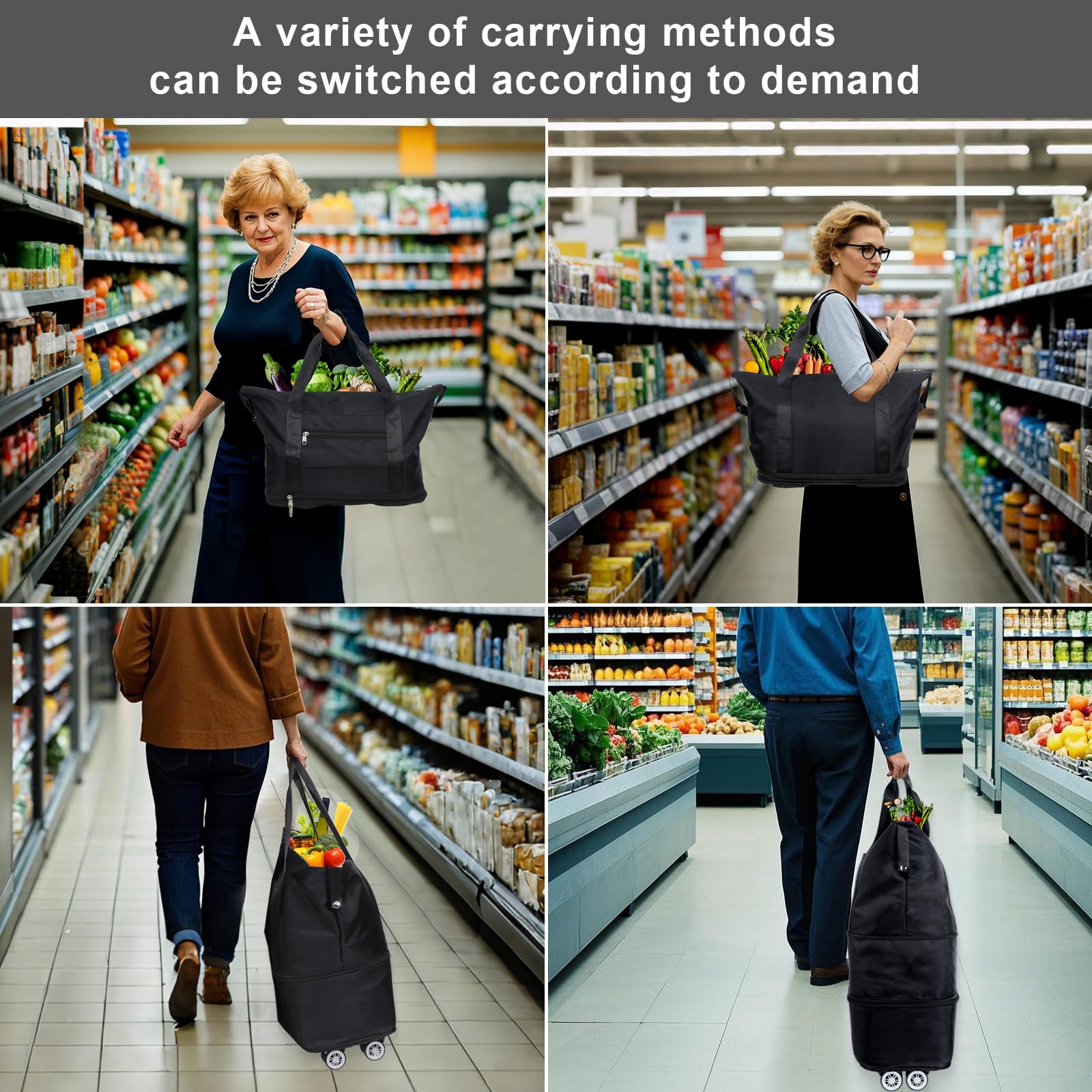 LKbeuuu reusable grocery bag on wheels opened showing spacious interior for groceries and gear.