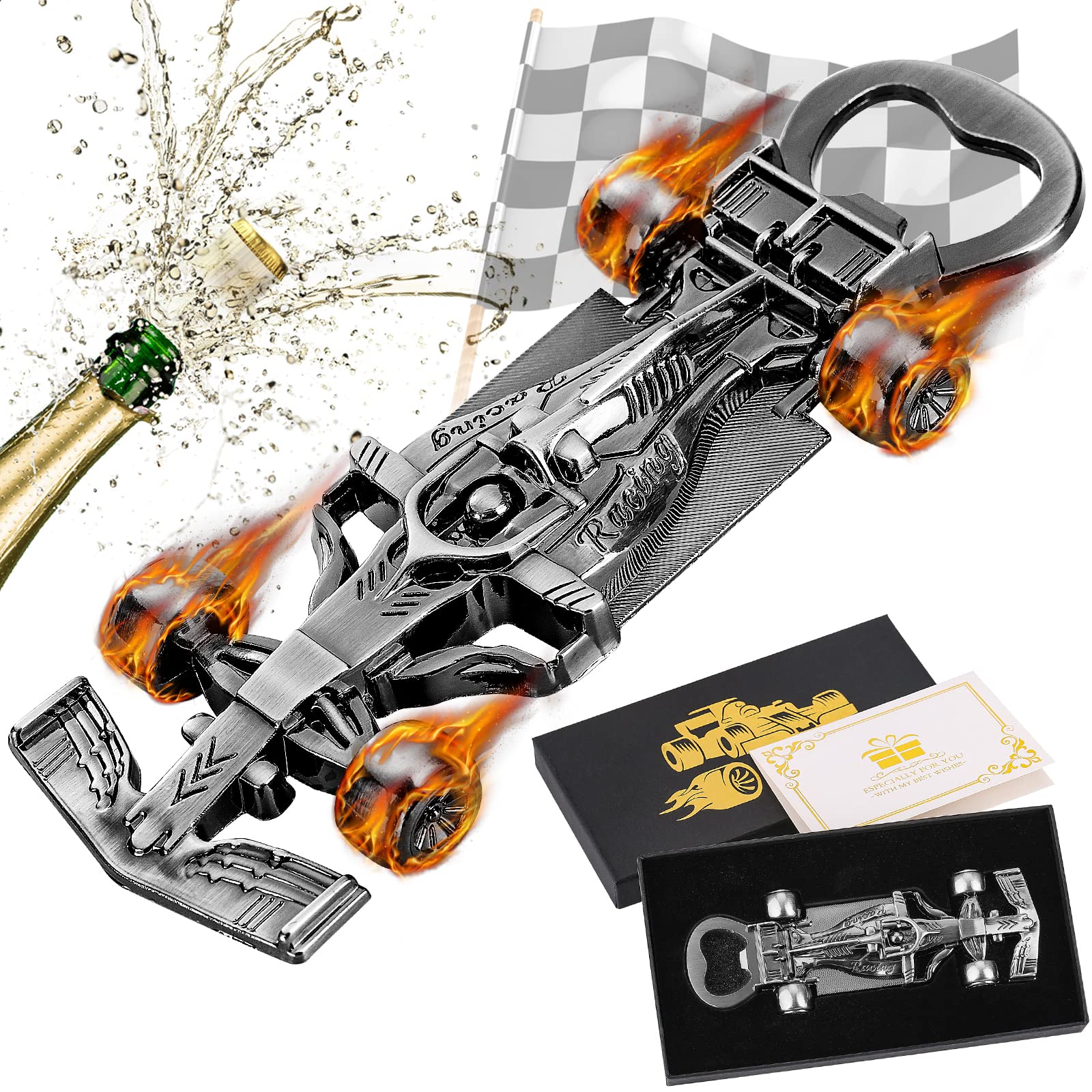 LKKCHER racing car bottle opener in gift box, ideal for gifting.