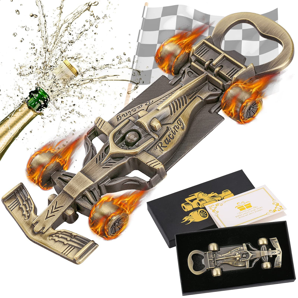 LKKCHER racing car bottle opener, front view, stylish gift for racing fans.