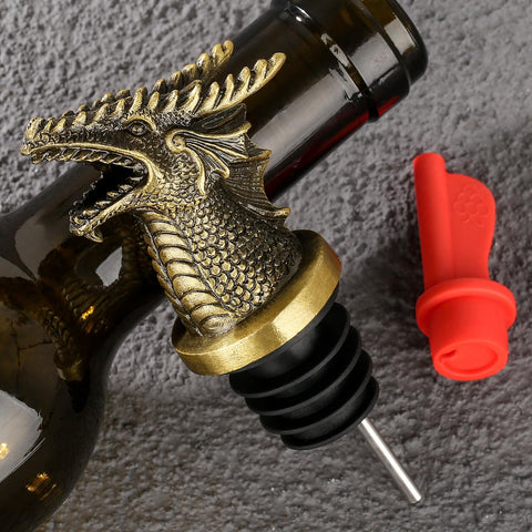 Pouring action of LKKCHER dragon head pourer on a bottle.