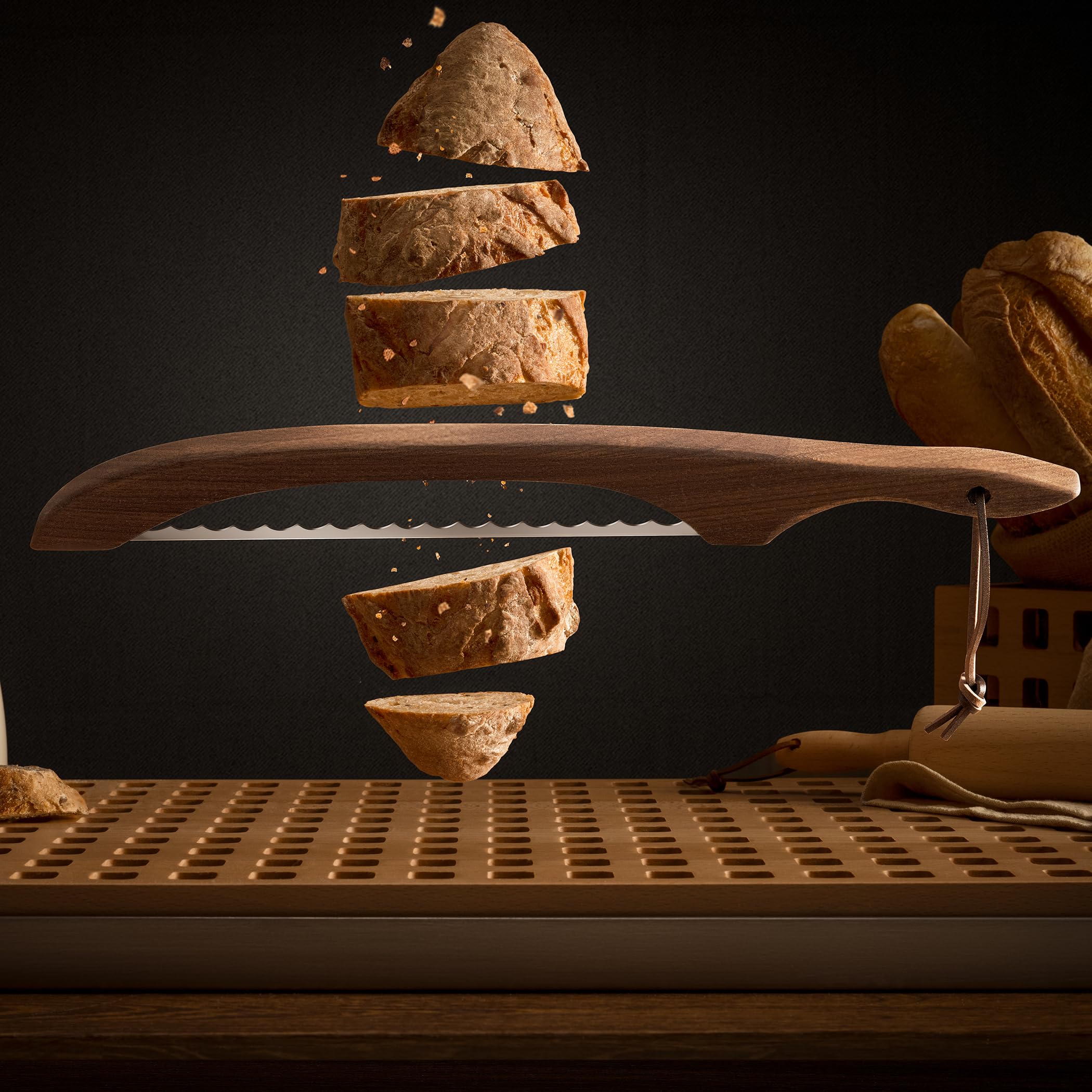 LLOTUS sourdough bread knife with stainless serrated blade for clean cuts