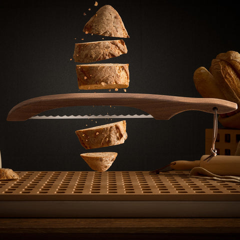 LLOTUS sourdough bread knife with stainless serrated blade for clean cuts