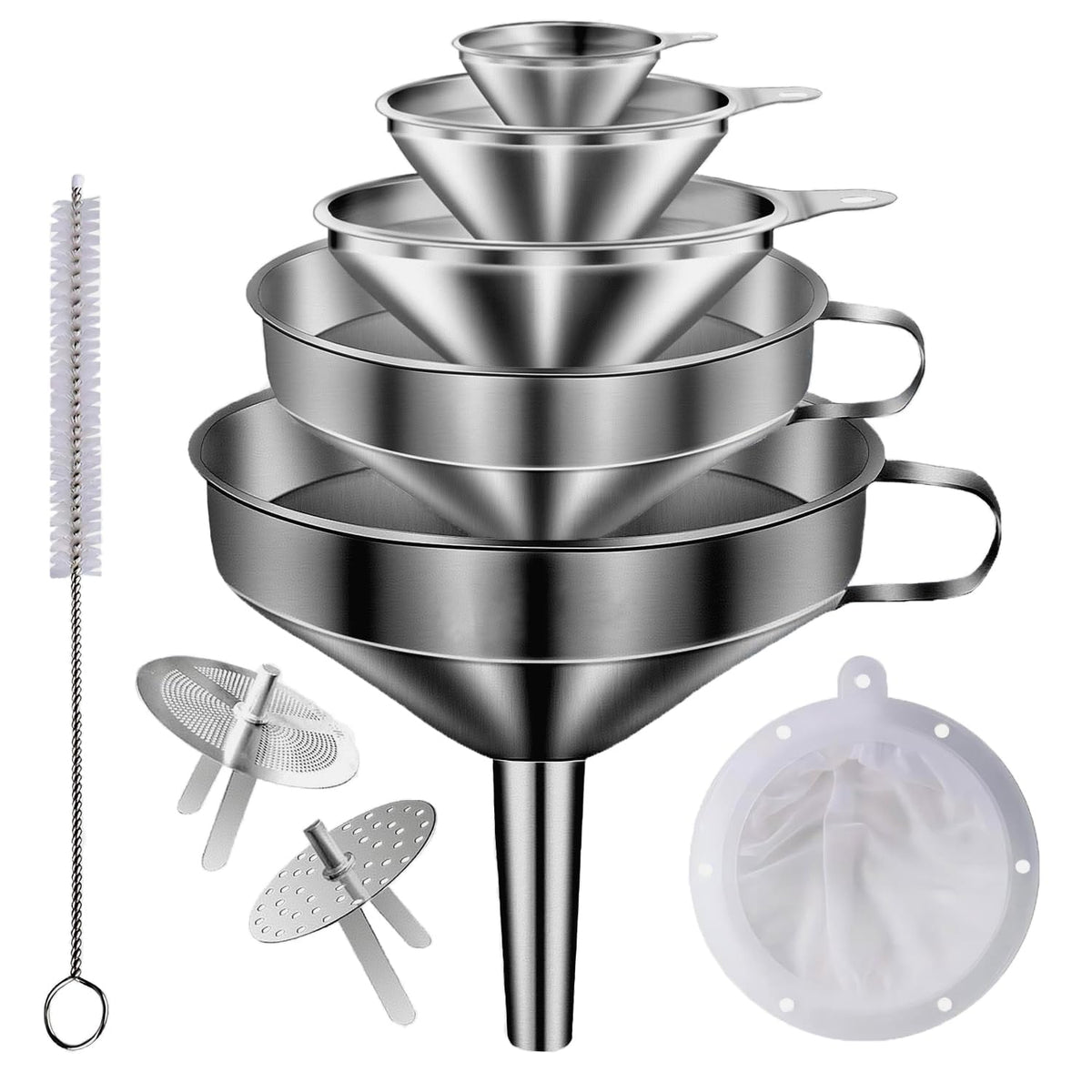 Lmoszuak stainless steel funnel set with five sizes for versatile kitchen transfers.