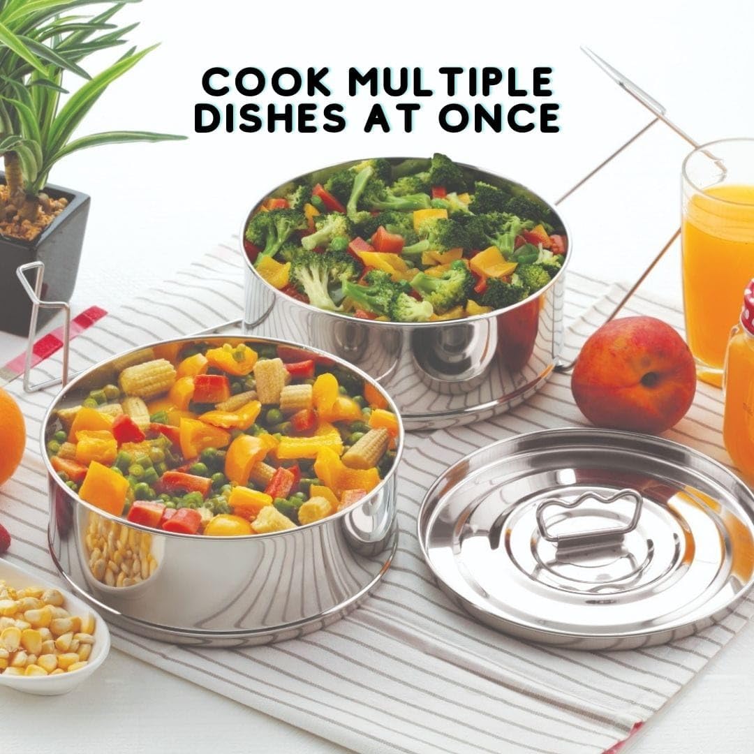 LNM Steamer Pans stack two pans for different foods at once.