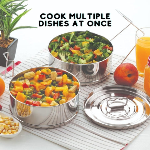 LNM Steamer Pans stack two pans for different foods at once.