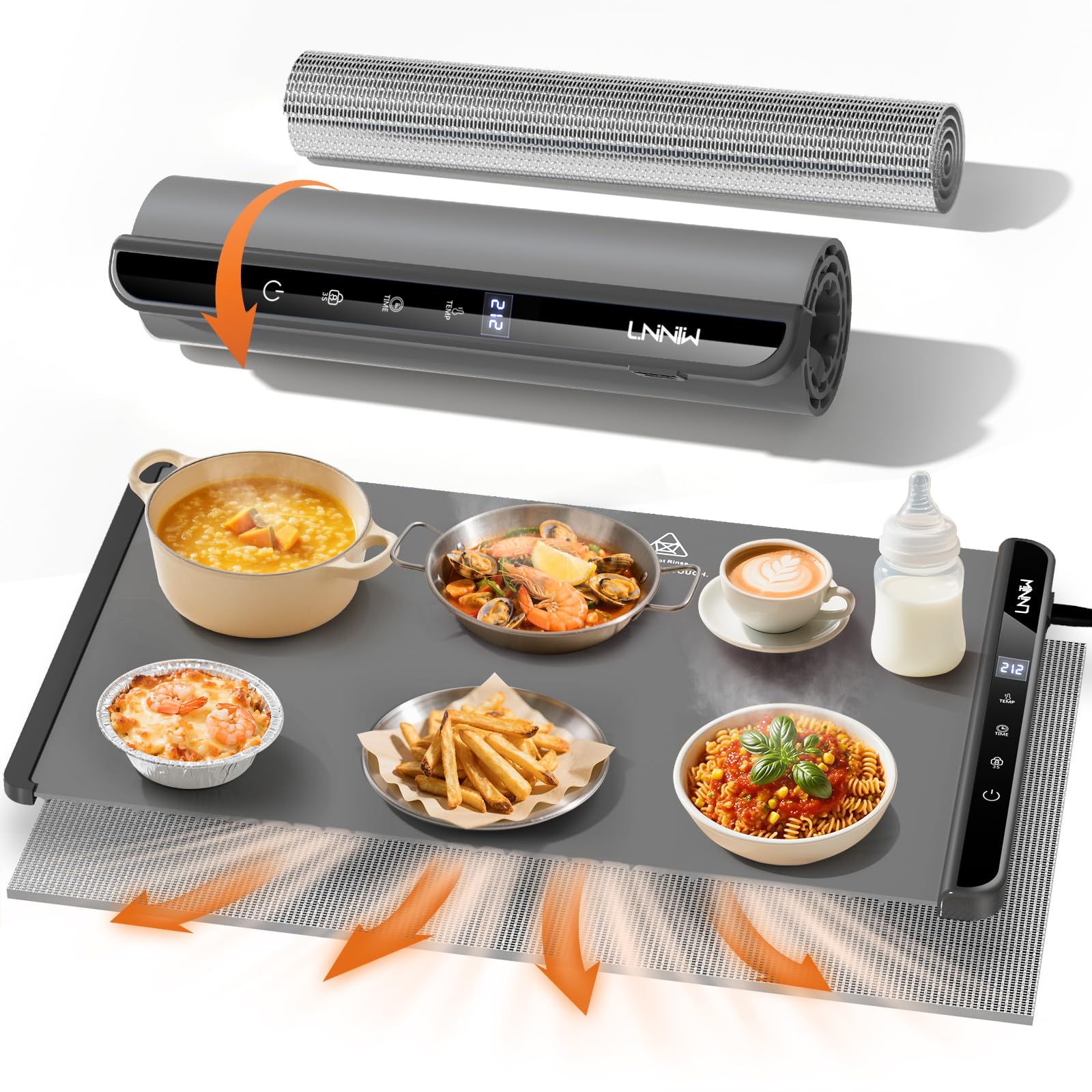 LNNIW food warming mat with heat-resistant pad protects surfaces while keeping meals warm.