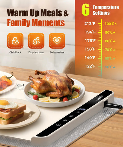 LNNIW Food Warming Mat timer dial highlights flexible 1–6 hour presets