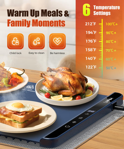 LNNIW Food Warming Mat showing six temperature settings for precise warmth