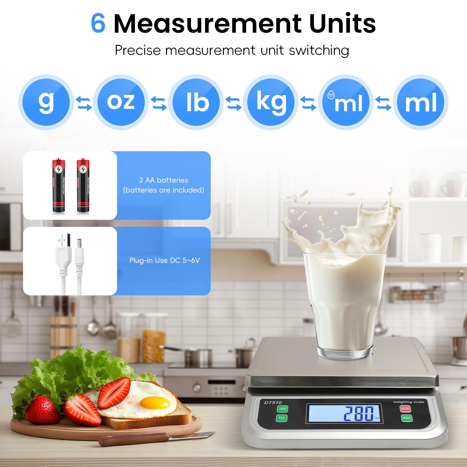 Tare and PCS functions simplify measuring containers and small items.