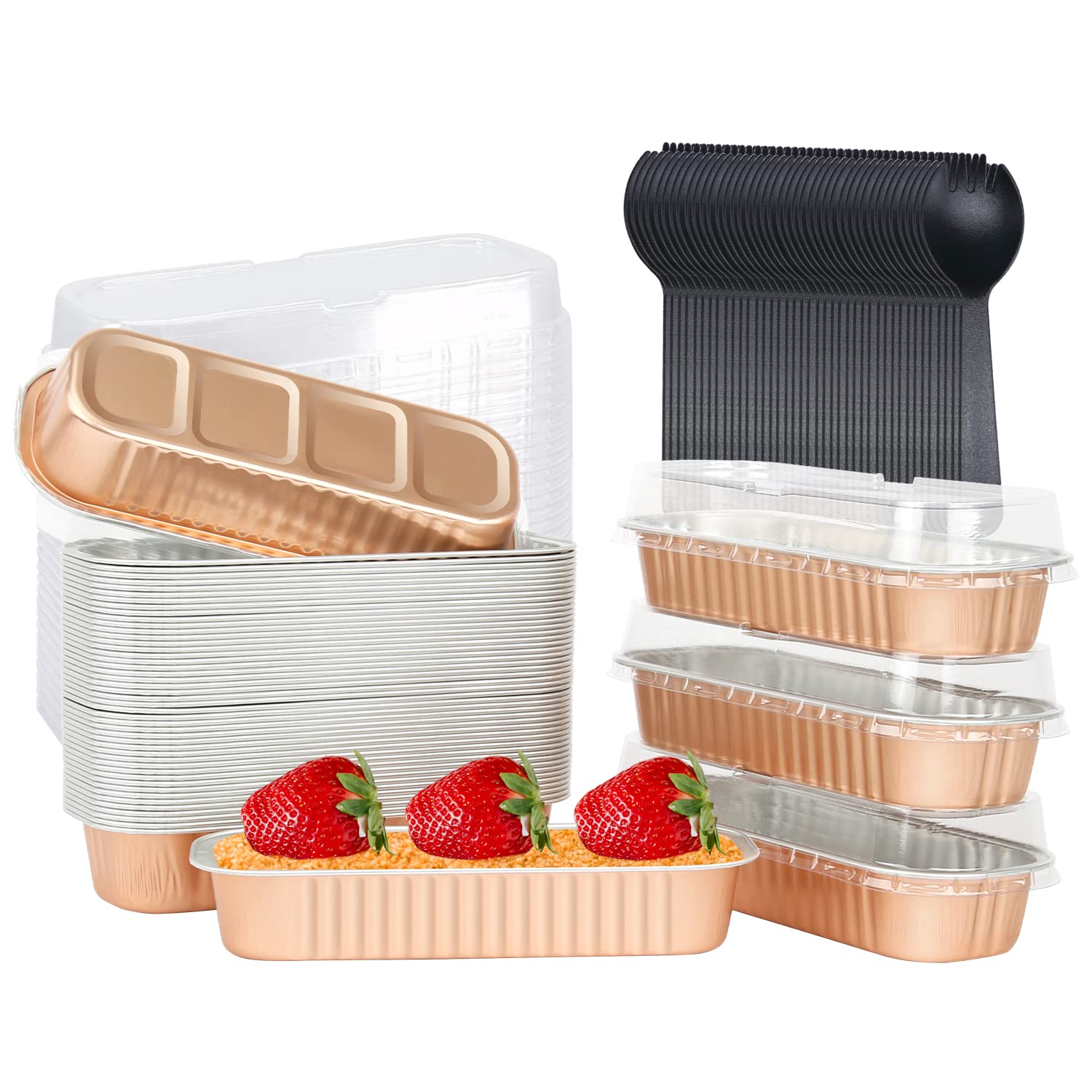 LNYZQUS disposable mini cake pans with lids, 50-pack, ideal for individual desserts.