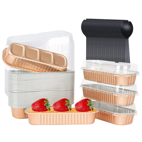 LNYZQUS disposable mini cake pans with lids, 50-pack, ideal for individual desserts.