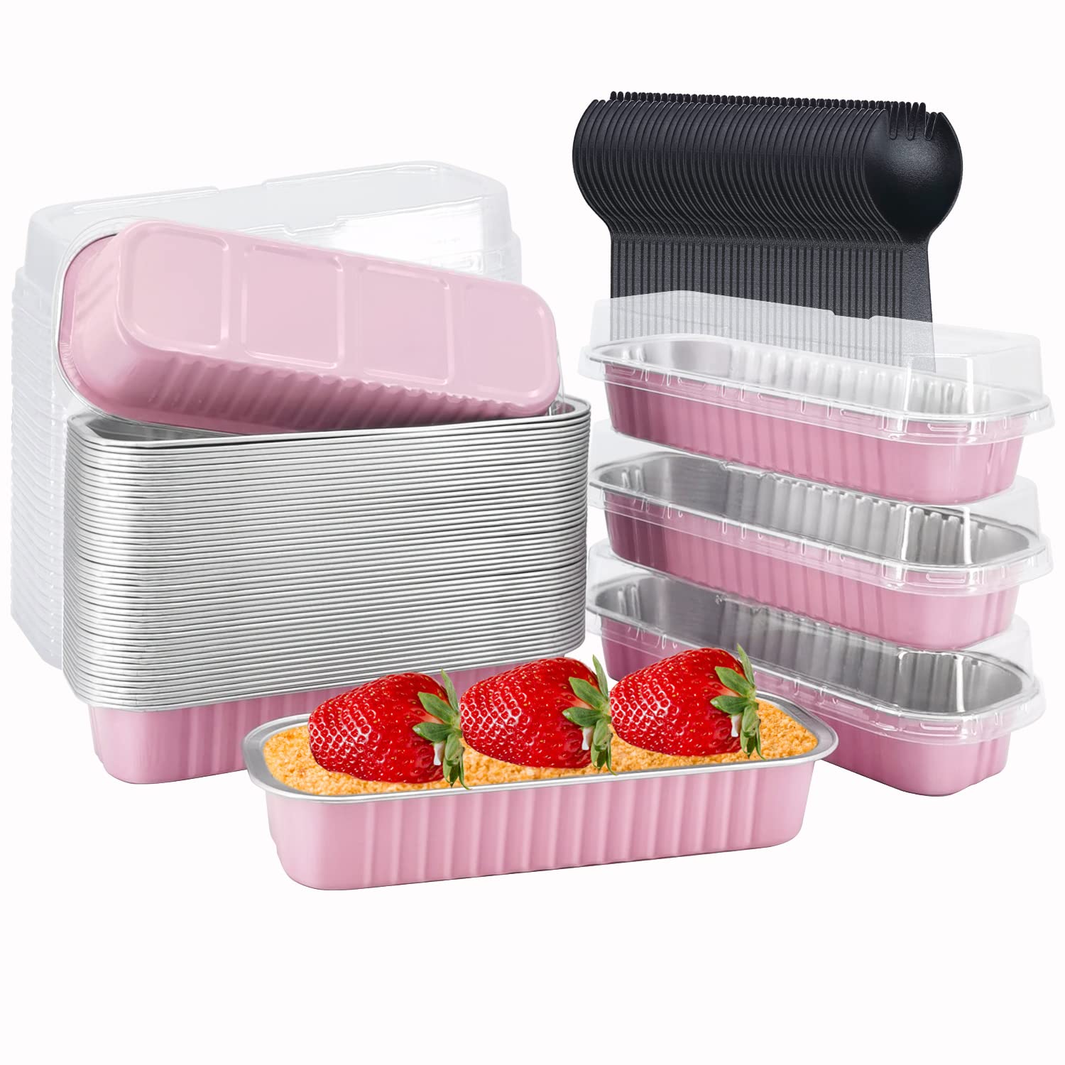 LNYZQUS mini loaf pans with lids in a 50-pack for easy portioning.