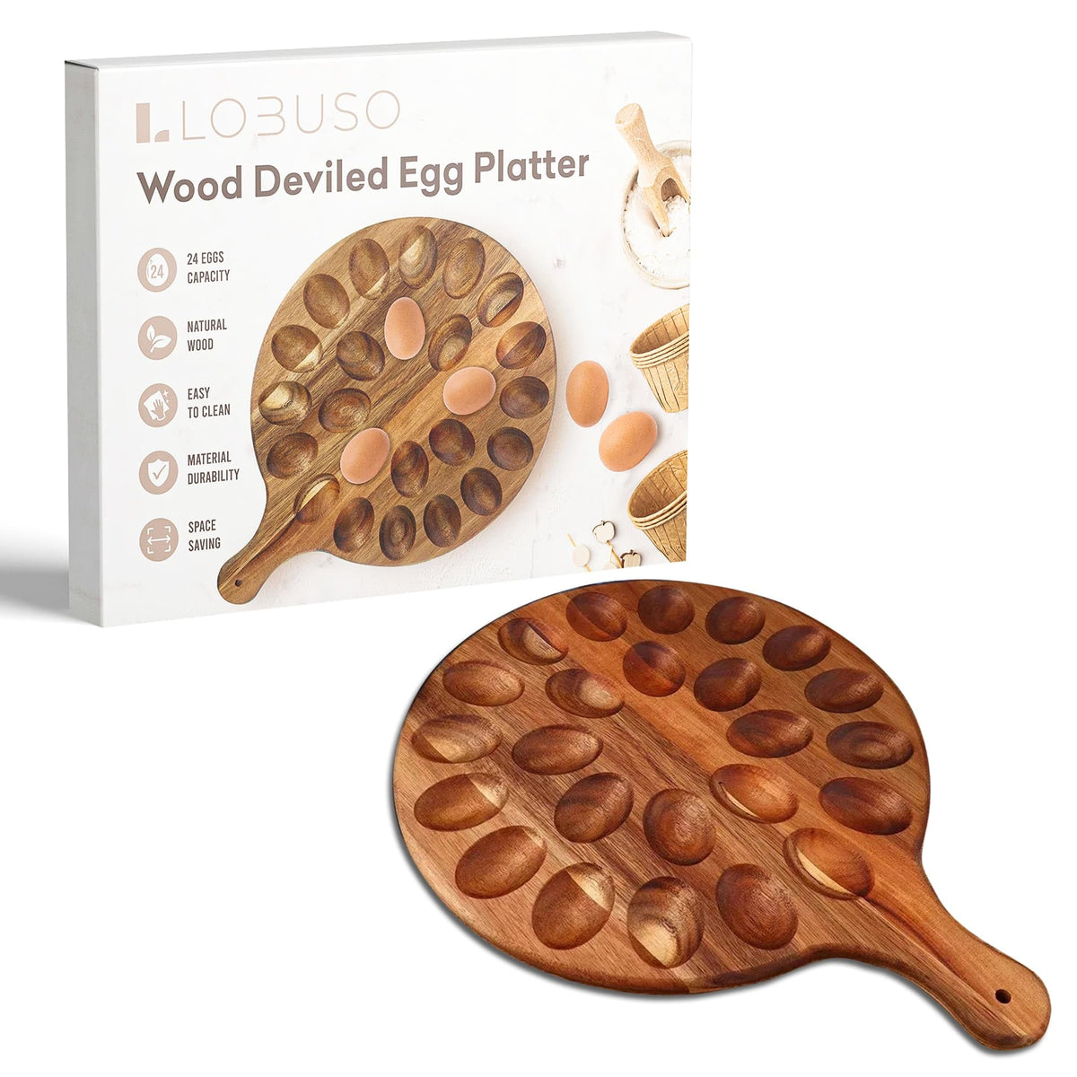 LOBUSO wooden deviled egg tray with 24 slots for elegant entertaining