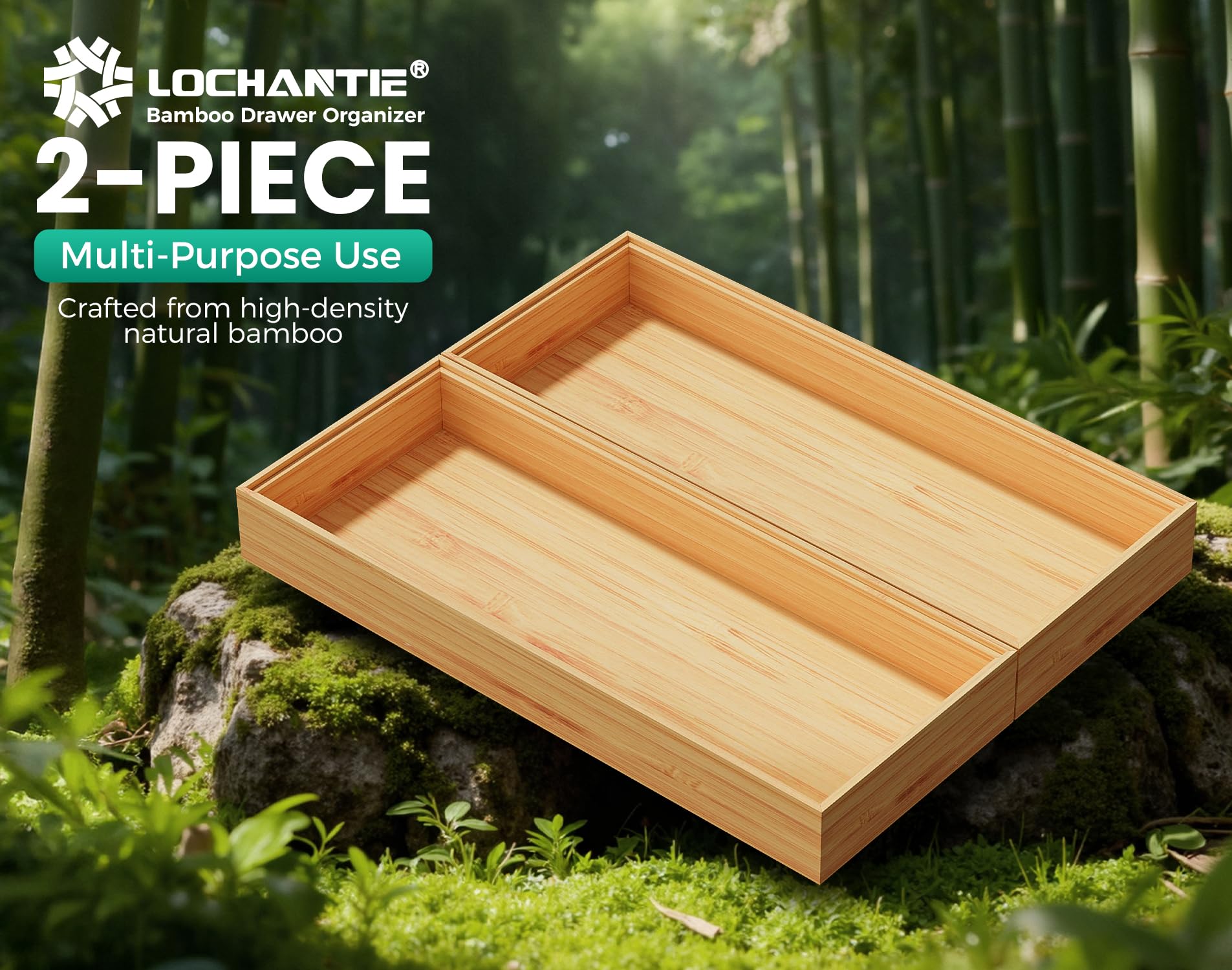 Lochantie bamboo pantry organizer in a shallow drawer for spices.