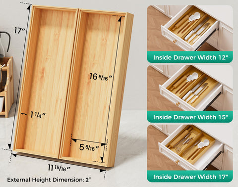 Lochantie bamboo silverware tray with multiple compartments for easy access.