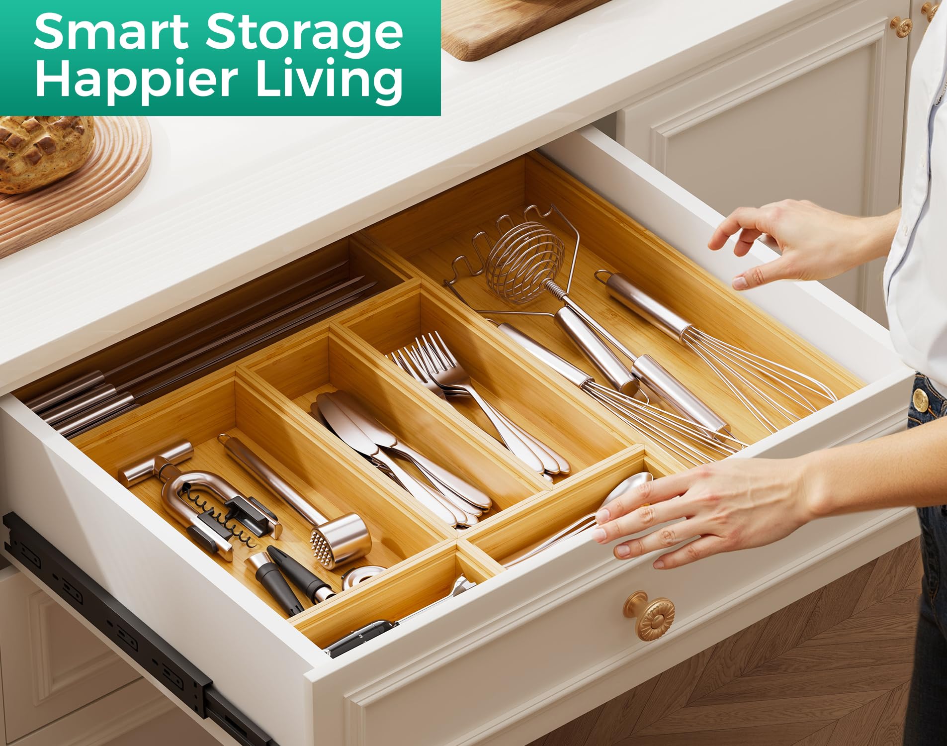 Lochantie stackable wooden organizer placed in a kitchen drawer.