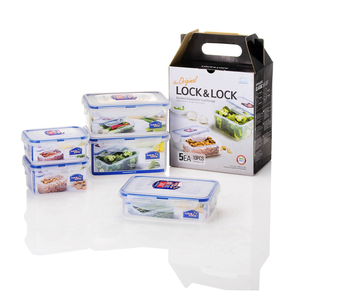 LocknLock Easy Essentials 10-piece set in fridge showing airtight freshness.