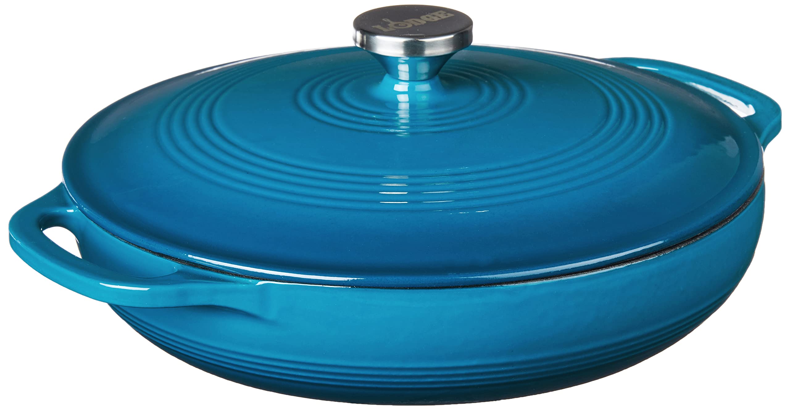 Lodge 3-6 quart enameled casserole in cornflower blue, perfect for even braising and serving.
