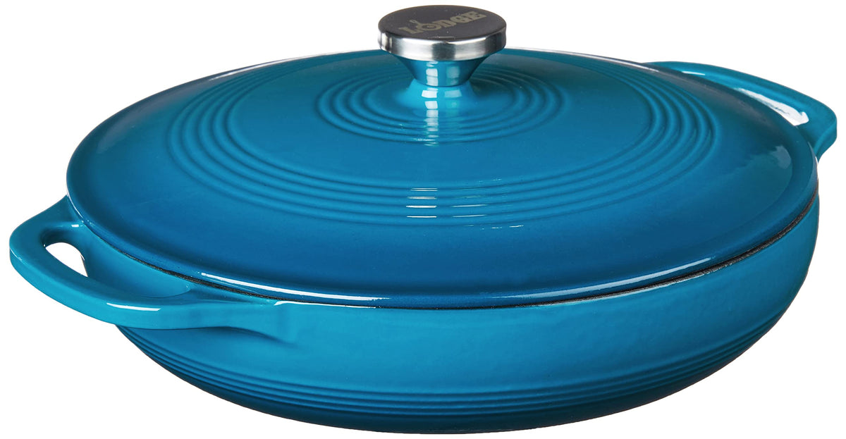 Lodge 3-6 quart enameled casserole in cornflower blue, perfect for even braising and serving.