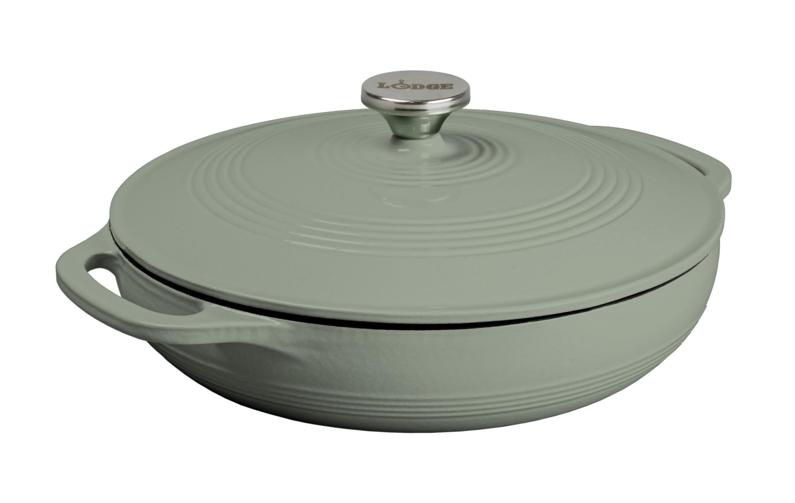 Lodge 3.6 qt enamelled cast iron casserole with desert sage lid on for marinating.