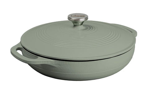 Lodge 3.6 qt enamelled cast iron casserole with desert sage lid on for marinating.