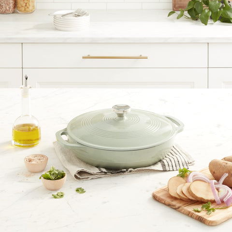 Lodge desert sage casserole side view showing even heat retention for braises.