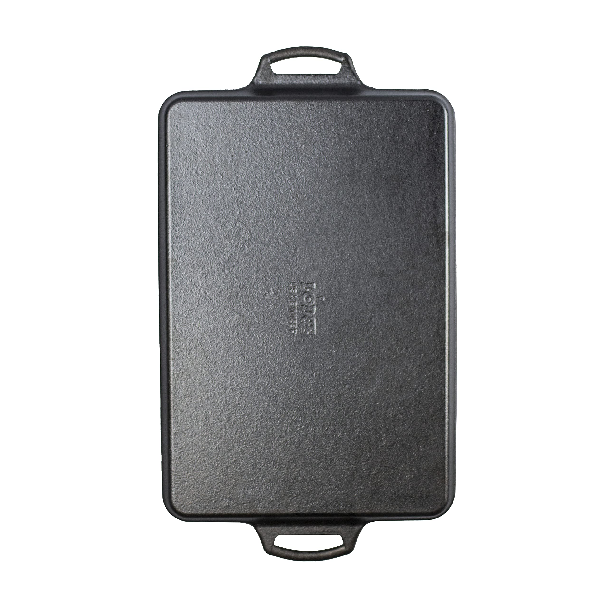 Lodge Cast Iron Baking Pan Made-in-USA label underscores durable American craftsmanship.