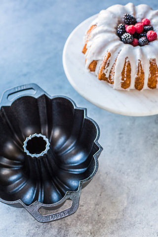 Lodge cast iron fluted cake pan USA-made origin underscores lifetime durability.