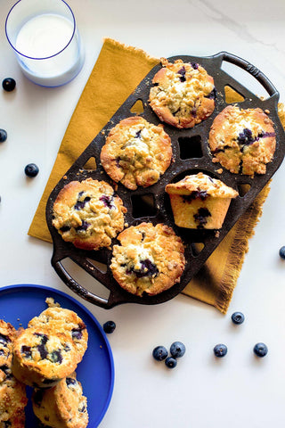 Muffins with crust and tender centers in the Lodge pan.