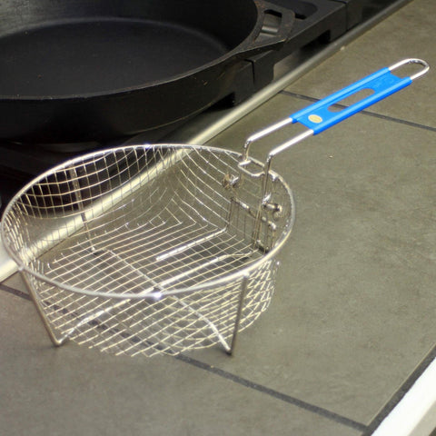 Lodge deep fry basket showing folding handle and drain hook for space-saving storage