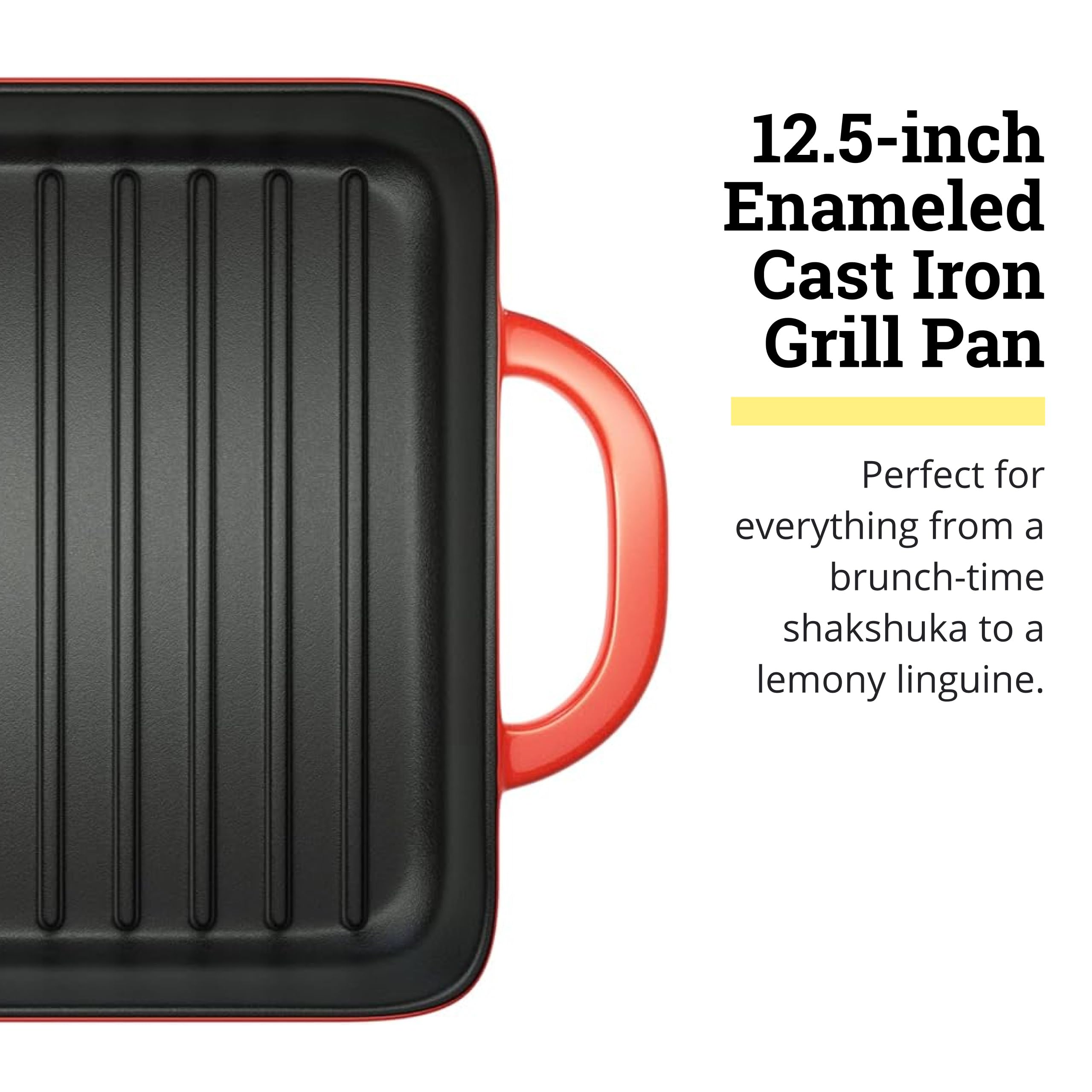 Lodge enamel grill pan dual handles close-up for easy lifting.